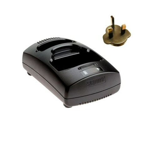 Sepura 1+1 desktop charger for SC2 and SC21 TETRA radio with insert UK SKU 300-01930-UK-SC21 — Top view of Sepura desk top charger with two slots for a radio and for a spare battery showing SC21 plate fitted