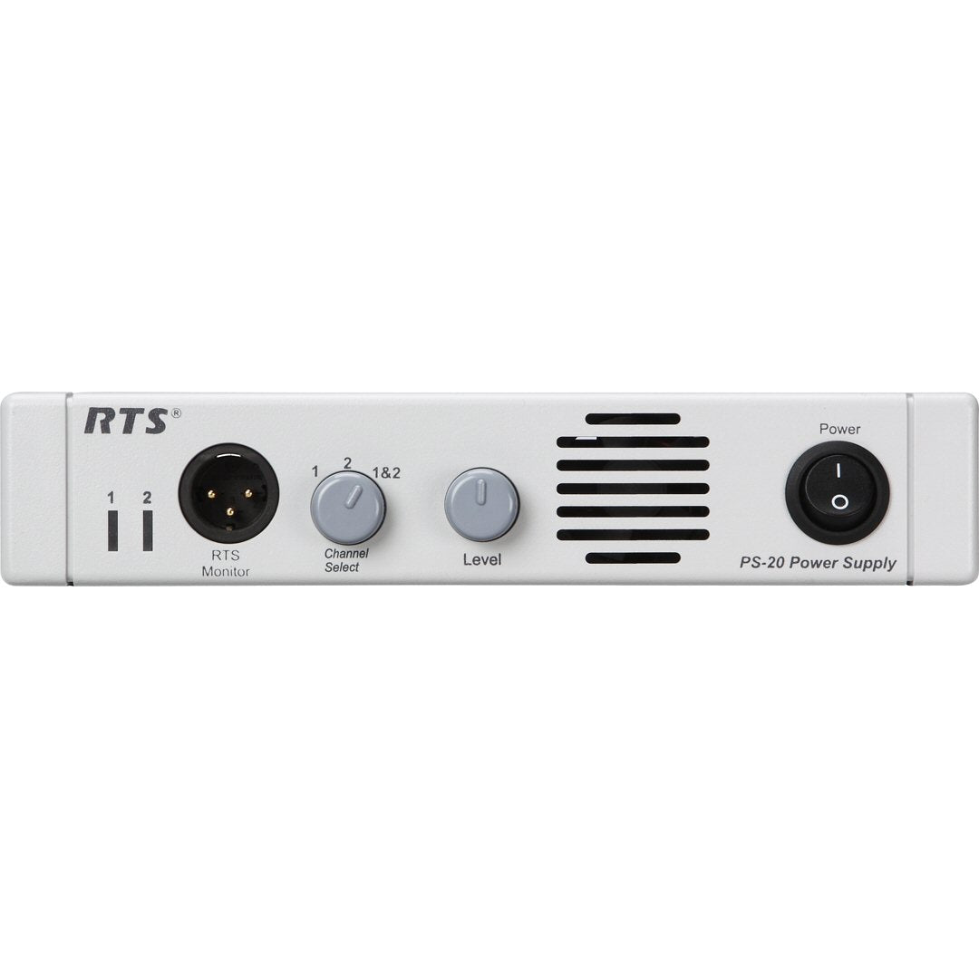  Front panel controls of RTS Telex Intercom power supply model PS-20 on a white background
