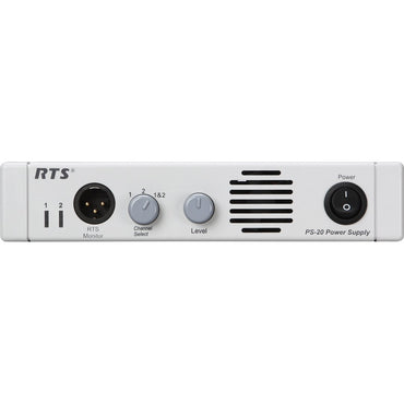  Front panel controls of RTS Telex Intercom power supply model PS-20 on a white background