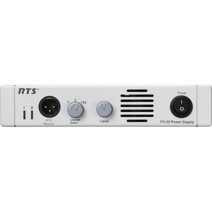  Front panel controls of RTS Telex Intercom power supply model PS-20 on a white background