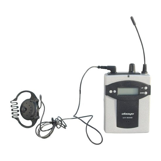 Okayo wireless EJ-7R tour guide bodypack with balck ear speaker on a white background