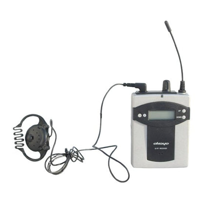 Okayo wireless EJ-7R tour guide bodypack with balck ear speaker on a white background