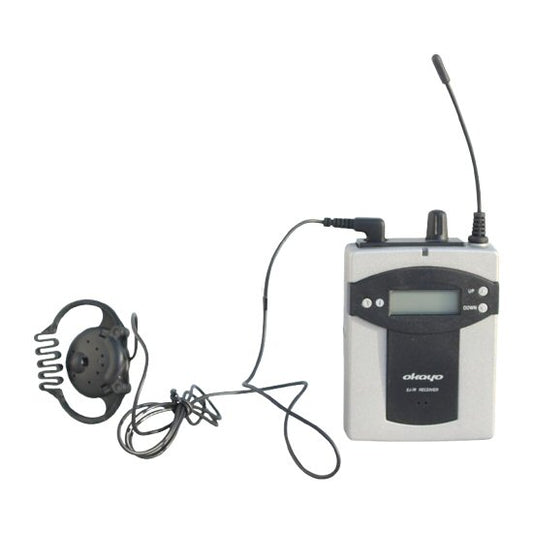Okayo wireless EJ-7R tour guide bodypack with balck ear speaker on a white background