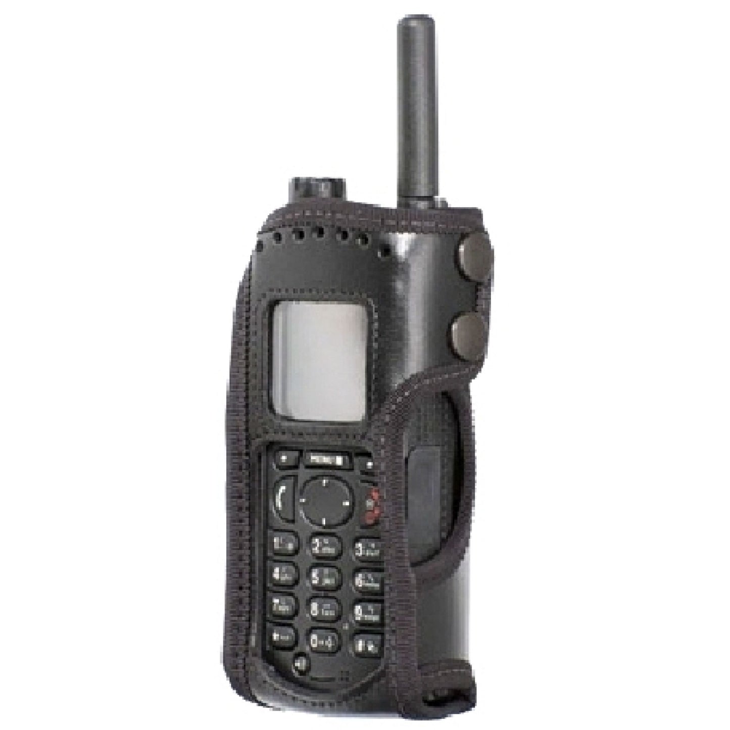 Motorola MTP850 Klick Fast soft leather case SKU RMTP850P1KFFE — Front view black leather case with cut-outs and clear vinyl panel with Motorola MTP850 radio