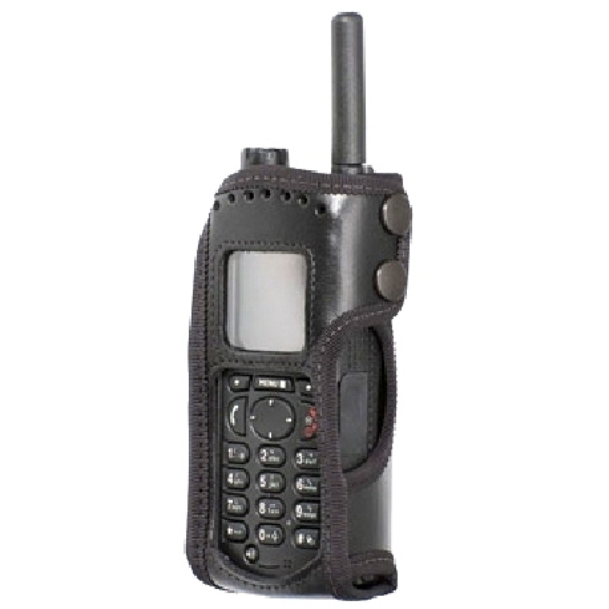 Motorola MTP850 Klick Fast soft leather case SKU RMTP850P1KFFE — Front view black leather case with cut-outs and clear vinyl panel with Motorola MTP850 radio
