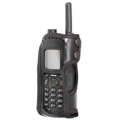 Motorola MTP850 Klick Fast soft leather case SKU RMTP850P1KFFE — Front view black leather case with cut-outs and clear vinyl panel with Motorola MTP850 radio