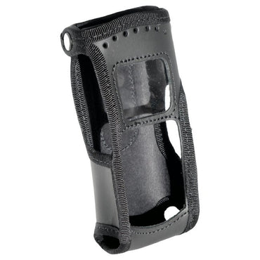 Motorola MTP850 Klick Fast soft leather case SKU RMTP850P1KFFE — Rear view black leather case with cut-outs and clear vinyl panel