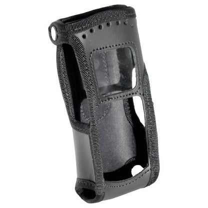 Motorola MTP850 Klick Fast soft leather case SKU RMTP850P1KFFE — Rear view black leather case with cut-outs and clear vinyl panel