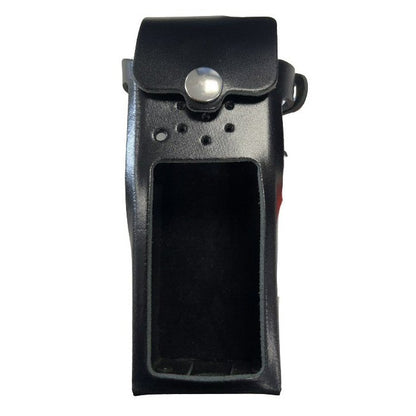 Klick Fast case specifically for Motorola DP4801e radio SKU RDP4801EXP2LFISKFNOD — Black leather radio holster with a silver popper