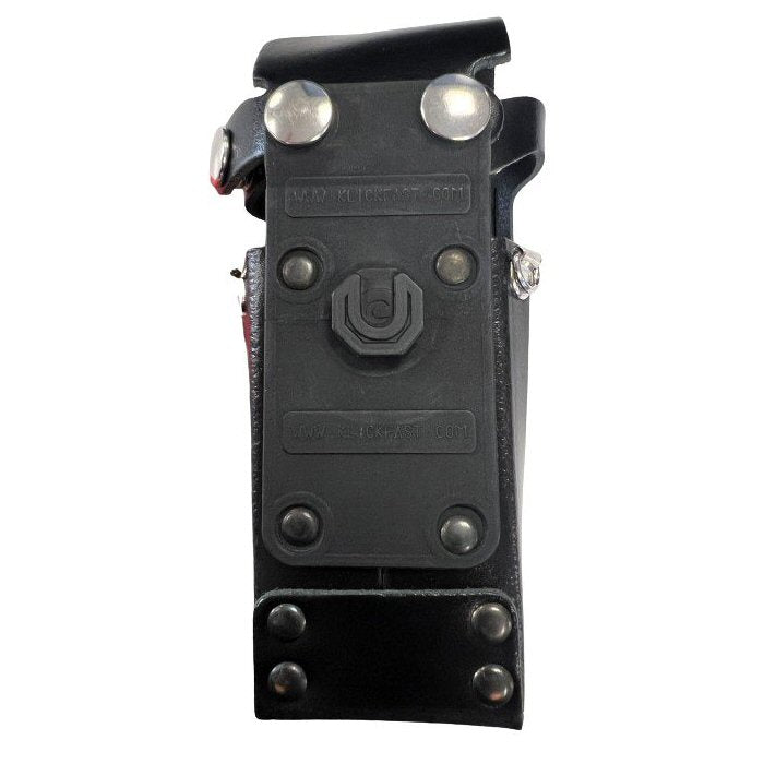 Klick Fast case specifically for Motorola DP4801e radio SKU RDP4801EXP2LFISKFNOD — Rear view of black leather radio case with Klick Fast stud