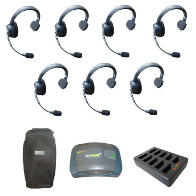 Eartec UltraLITE HD theatre intercom wireless comms 7 users SKU HUB7S — Eartec set of seven wireless UltraLITE headsets and communication hub with carry bag and charger