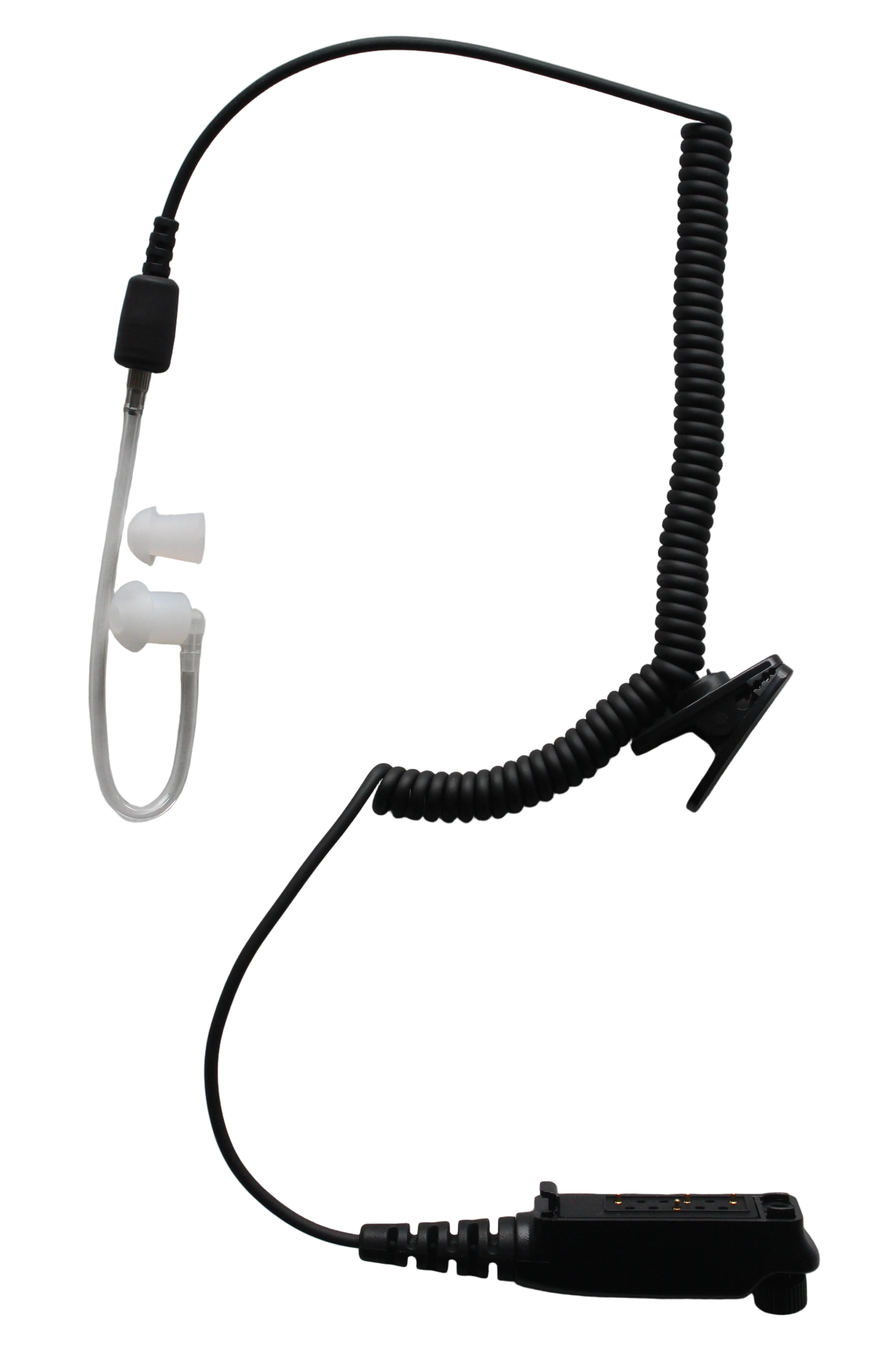 Black earpiece with coiled cable with connector for Sepura handheld radios