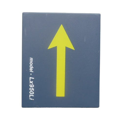 Grey Eartec LX950Li battery with Yellow arrow to denote insertion into charger on a white background 