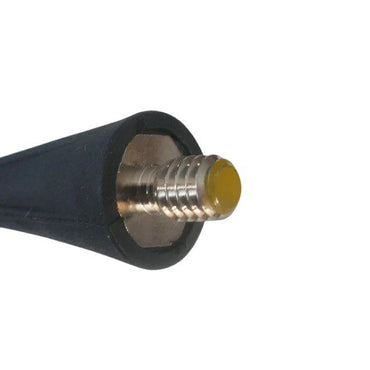 Close-up of a black with a threaded metallic fitting on a white background and a yellow dot othe base of the antenna