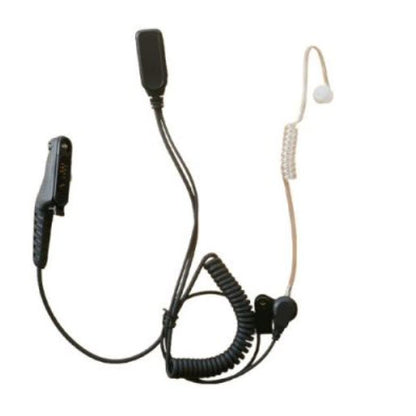 BG MXP600 1 Wire Acoustic Tube Earpiece and PTT BG-M14 — combined 1 wire headset with black cable including a short coiled section leading to a microphone PTT unit and a clear acoustic tube earpiece
