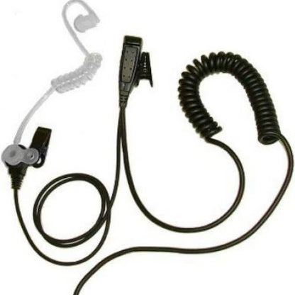 Motorola TLK-100 BG 1 Wire Acoustic Tube Earpiece and PTT BG-M11 — combined 1 wire headset with black cable including a short coiled section leading to a microphone PTT unit and a clear acoustic tube earpiece on a white background