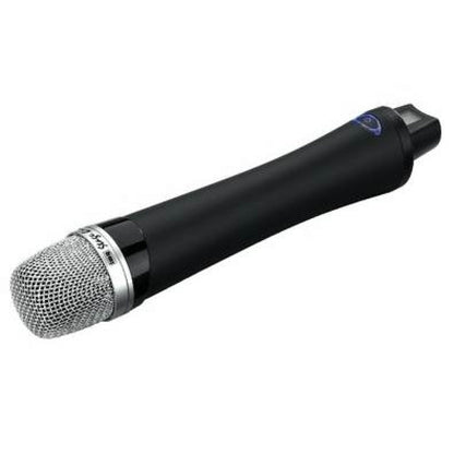 Compatible Microphone Original tour guide system at Burnaston WTG-HHTX — Compatible Microphone wireless black hand-held microphone on a white background