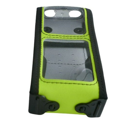 Sepura STP8000 STP9000 Yellow Soft Leather Case with Klick Fast Stud — yellow high visibility radio case with black elastic edges and PVC clear covers on a white background view from underside