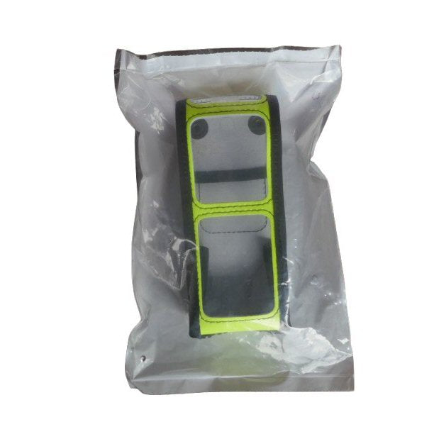 Sepura STP8000 STP9000 Yellow Soft Leather Case with Klick Fast Stud — yellow high visibility radio case with black elastic edges and PVC clear covers in retail pack on a white background
