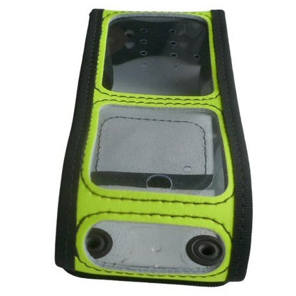Sepura STP8000 STP9000 Yellow Soft Leather Case with Klick Fast Stud RSTPILGHDSYP1KF — yellow high visibility radio case with black elastic edges and PVC clear covers on a white background