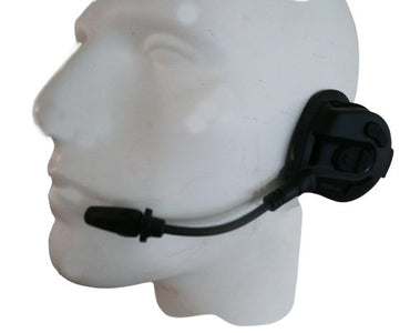 Black headset on a mannequin head with a white background