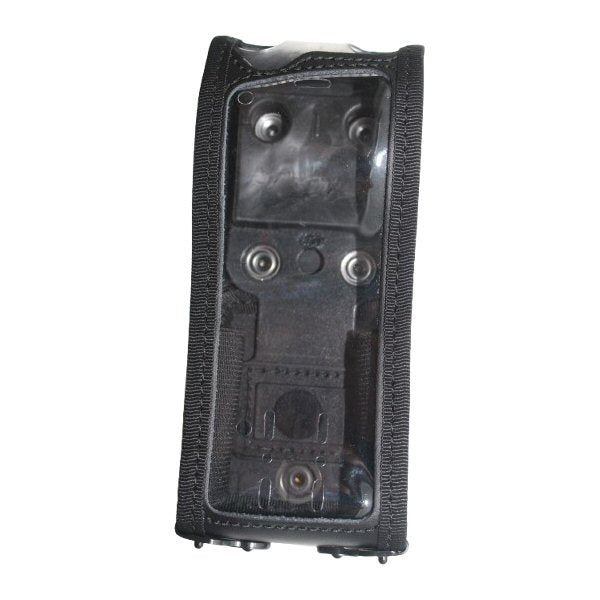 Black leather Sepura radio case with clear vinyl front cover on a white background