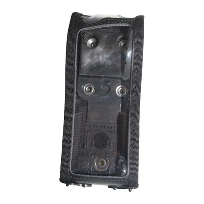 Black leather Sepura radio case with clear vinyl front cover on a white background