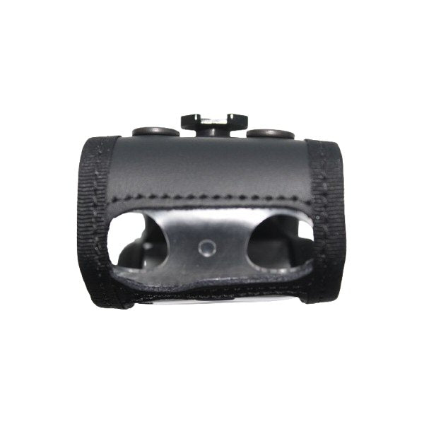 Top view of Black leather Sepura radio case with clear vinyl cover and cut-outs on a white background