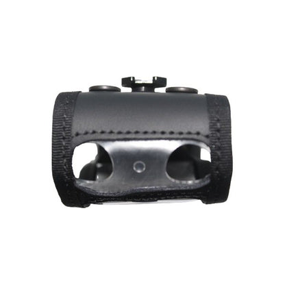 Top view of Black leather Sepura radio case with clear vinyl cover and cut-outs on a white background