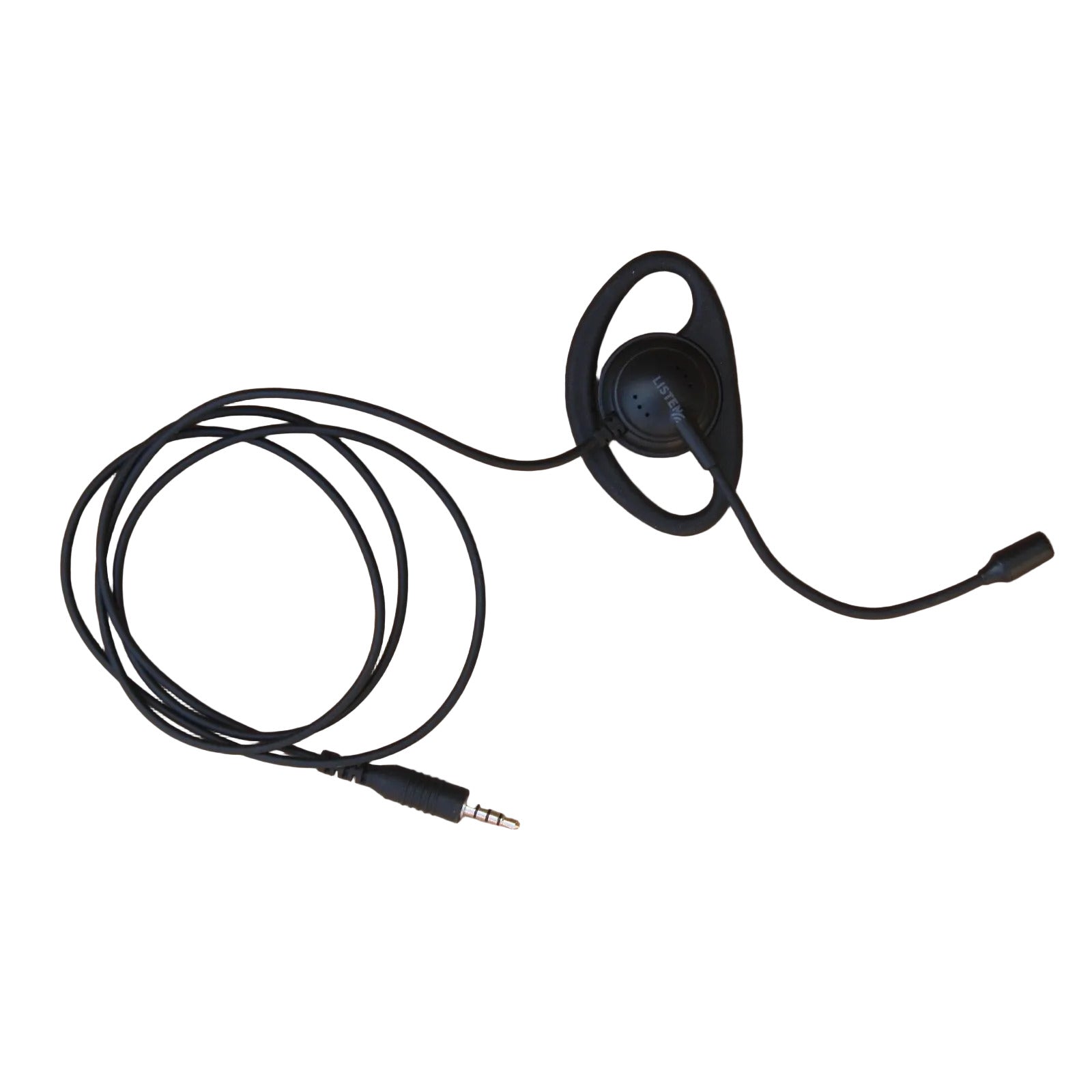 Listen Technologies black ear speaker with boom microphone and straight black cable terminated in a four pole mini jack LA-451