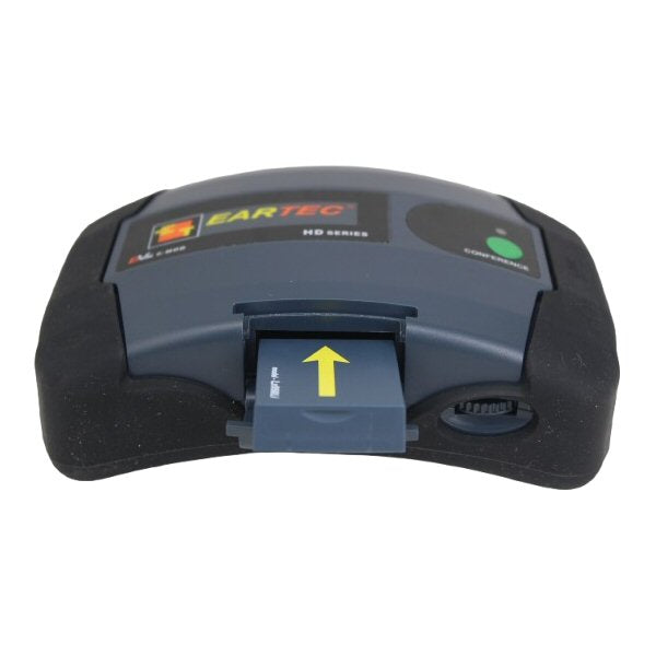 Grey extruded Eartec Conference module n side showing battery slot and yellow arrow on a battery on a white background