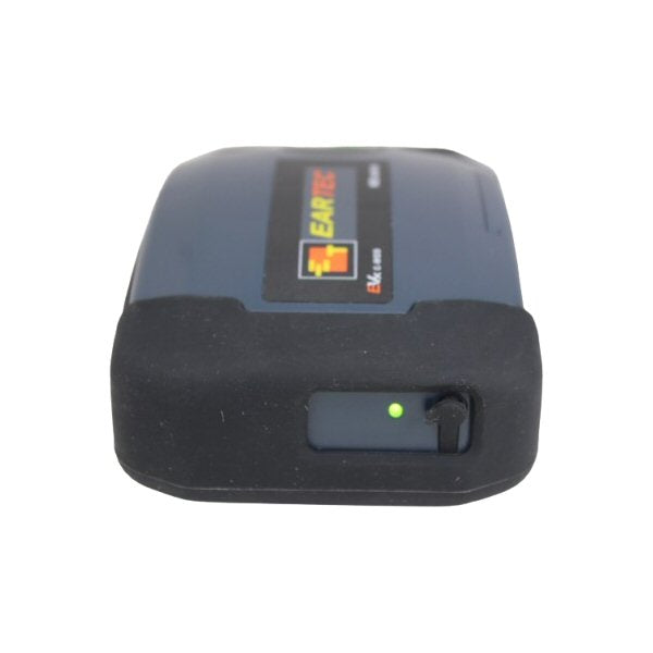 Grey extruded Eartec Conference module with side view of dc power socket and a green LED on a white background