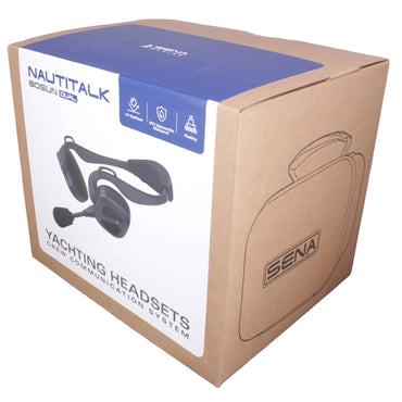 Packaging fort Sena Bosun YACHTING Headsets Dual Pack — two black Sena Yachting headsets with a carrying case on a white background