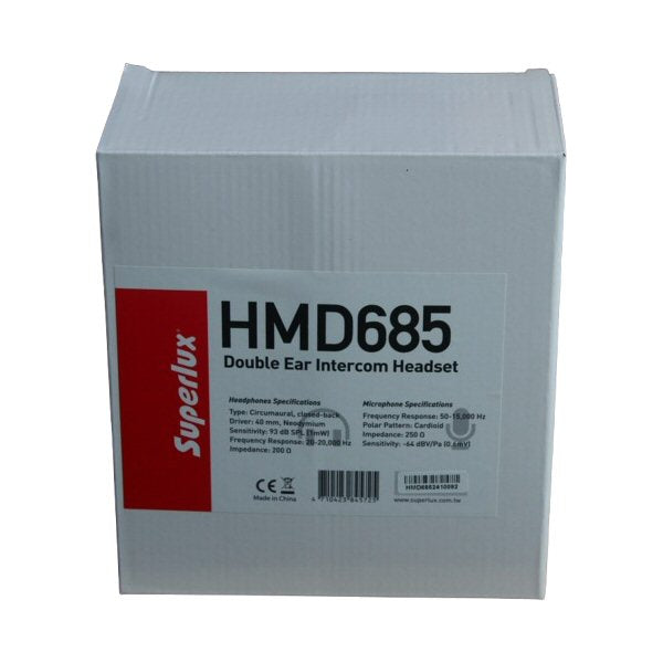 Superlux HMD685 Double-Sided Broadcast Headset XLR4F UK Authorised Distributor — Superlux HMD685 double ear intercom headset packaging on a white background