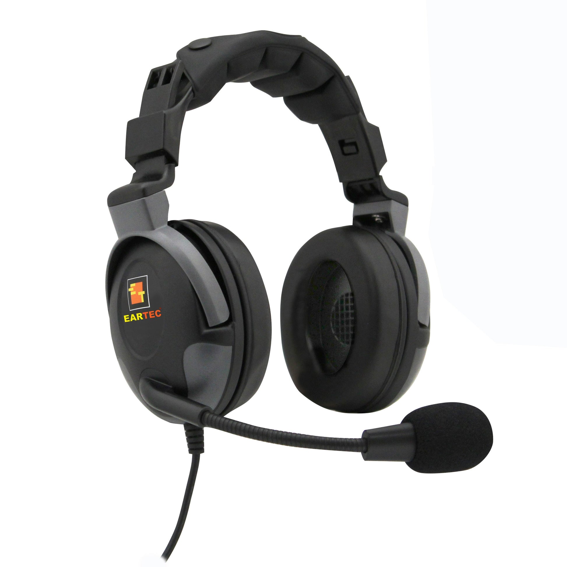 Eartec ProLine Double-Sided Studio Headset XLR5M For Camera Ops and Studio Production — Eartec Black headset with boom microphone on a white background