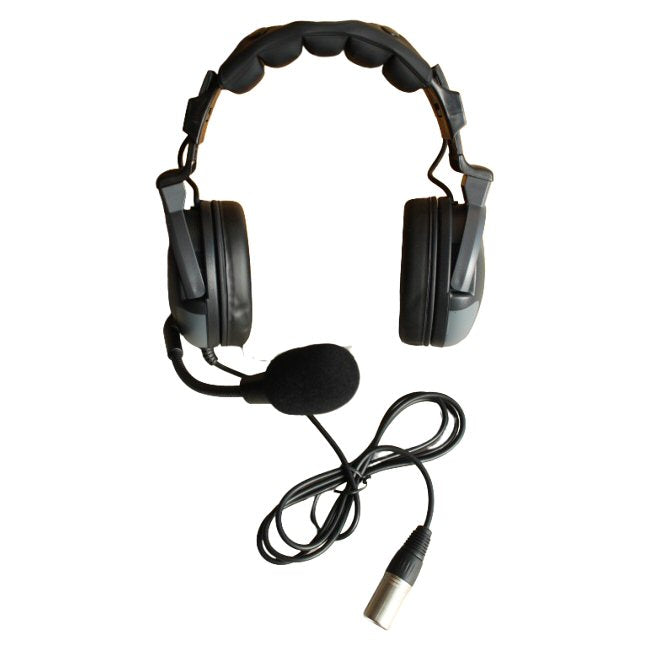 Eartec ProLine Double-Sided Studio Headset XLR5M For Camera Ops and Studio Production PD5XLRM21 — Eartec Black headset with microphone boom arm and a connection cable XLR5M on a white background