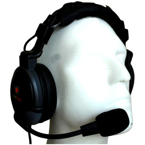 Eartec ProLine Double-Sided Studio Headset XLR5M For Camera Ops and Studio Production — Eartec Black headset with a microphone on a white mannequin head against a white background