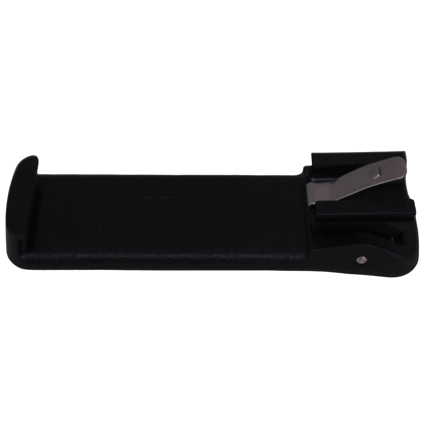 TR80 TR82 Sprung Belt Clip — rear view of a black molded Spring Action Belt Clip back for TR80 and Tr82 beltpacks on a white background