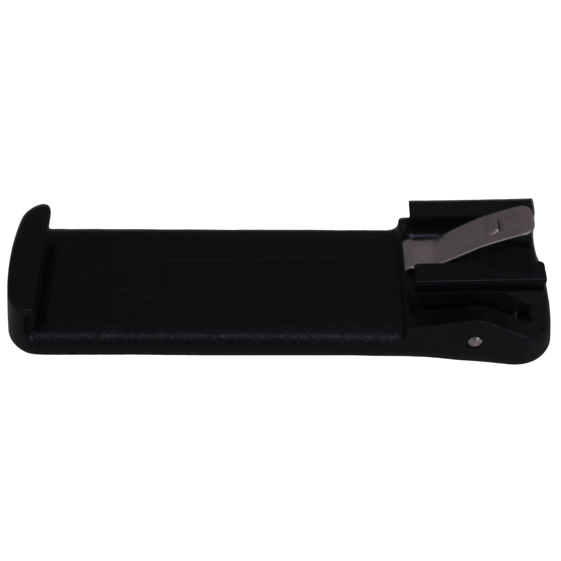 TR80 TR82 Sprung Belt Clip — rear view of a black molded Spring Action Belt Clip back for TR80 and Tr82 beltpacks on a white background