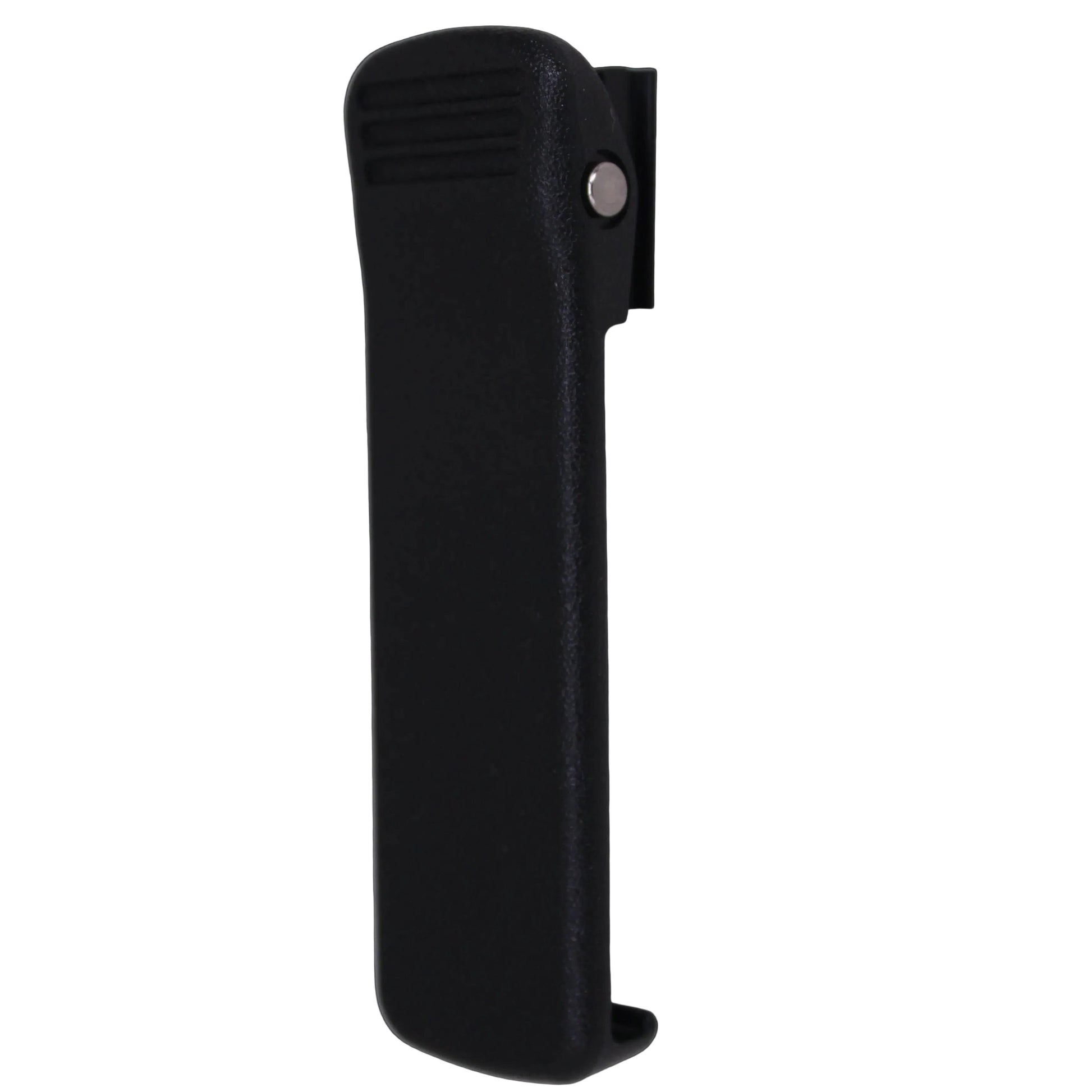 TR80 TR82 Sprung Belt Clip — slightly angled front view of a black molded Spring Action Belt Clip back for TR80 and Tr82 beltpacks on a white background