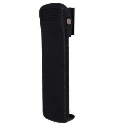 TR80 TR82 Sprung Belt Clip — slightly angled front view of a black molded Spring Action Belt Clip back for TR80 and Tr82 beltpacks on a white background