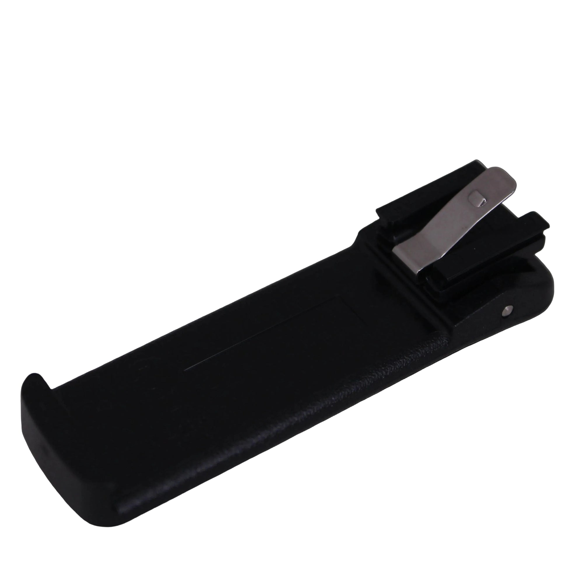 TR80 TR82 Sprung Belt Clip SKU F01U415973 — rear view of a black molded Spring Action Belt Clip back for TR80 and Tr82 beltpacks on a white background