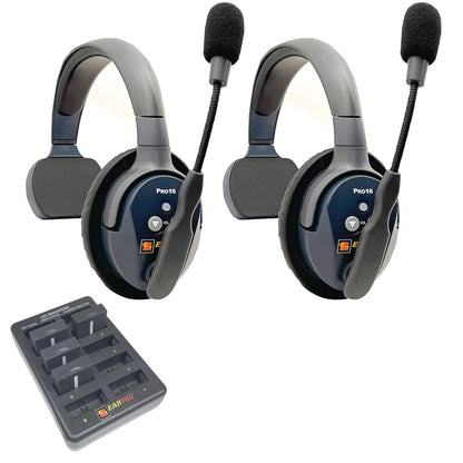 Eartec PRO16 Wireless Intercom System 2 Users ETP2S — Eartec two sets of single sided wireless headsets with a charging unit on a white background