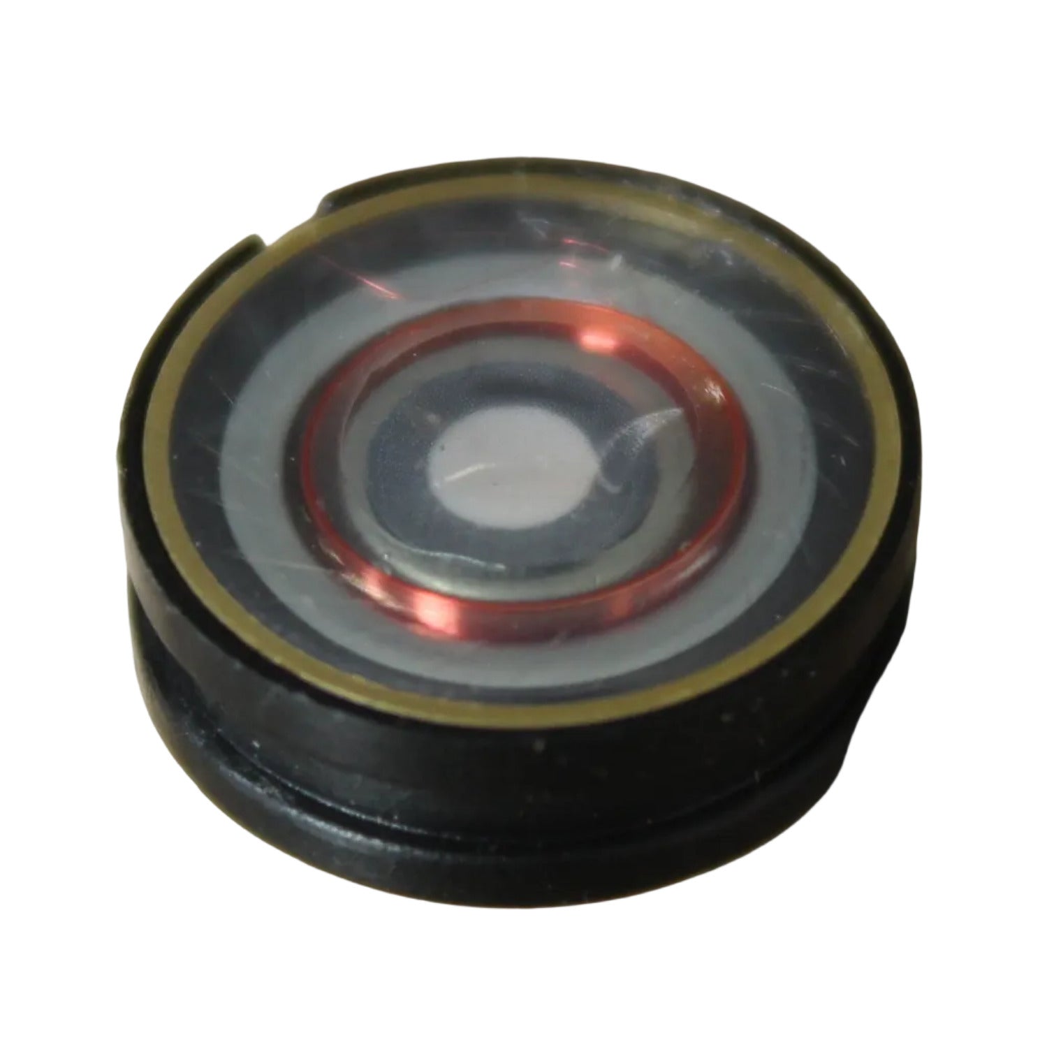 Round black Telex microphone capsule part F01U151463 with copper coil showing for HR1 and HR2 Headsets - top view