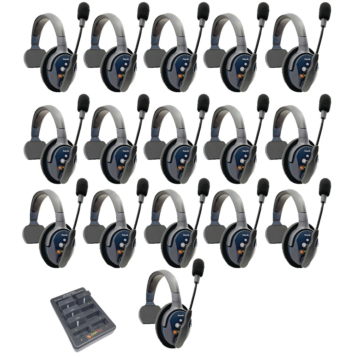 Eartec UltraLITE PRO16 Wireless Intercom System 16 Users ETP16S — sixteen sets of wireless headphones with microphones on a white background