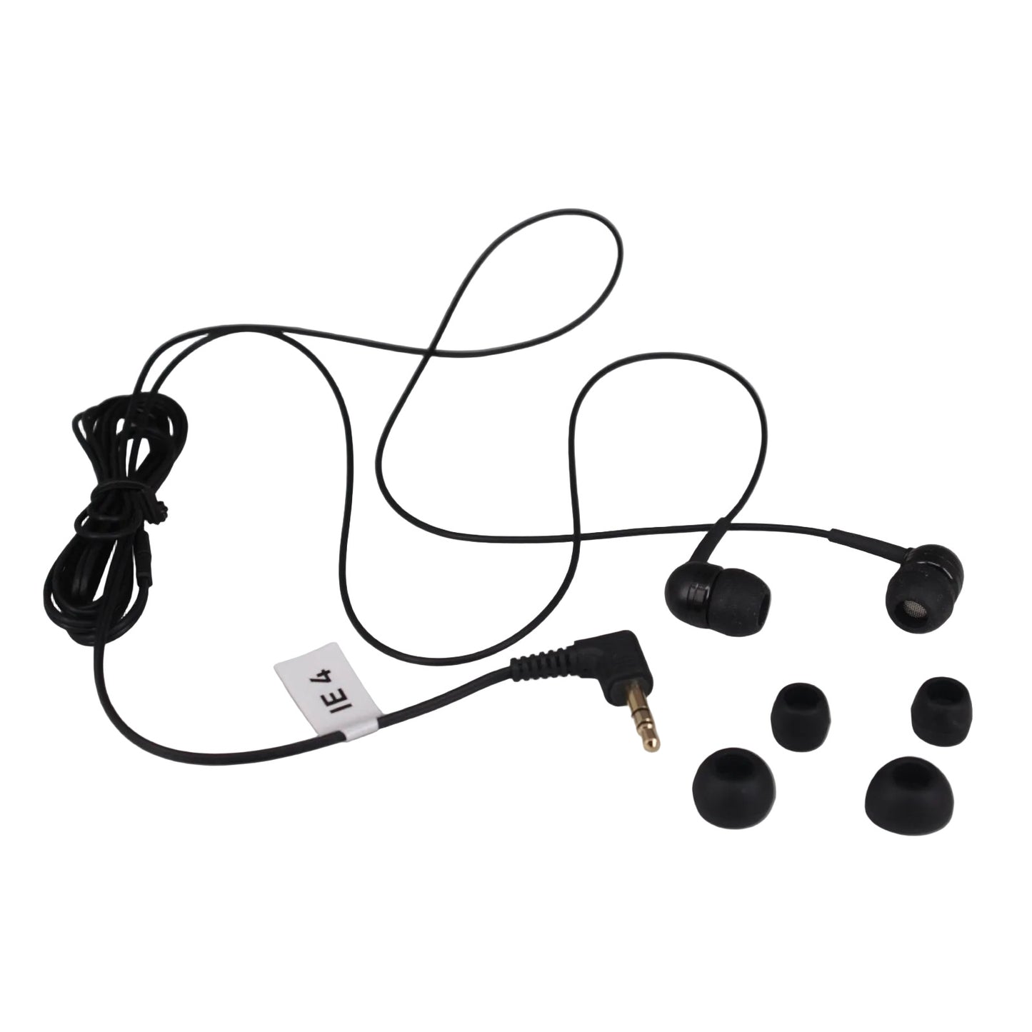 Sennheiser black IE4 In-Ear Monitors with a right angle mini jack and assorted size  spare tips on a white background - part number 500432