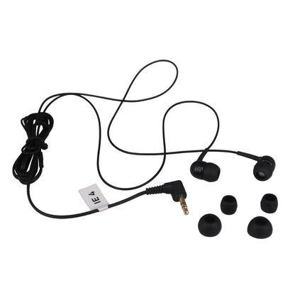 Sennheiser black IE4 In-Ear Monitors with a right angle mini jack and assorted size  spare tips on a white background - part number 500432