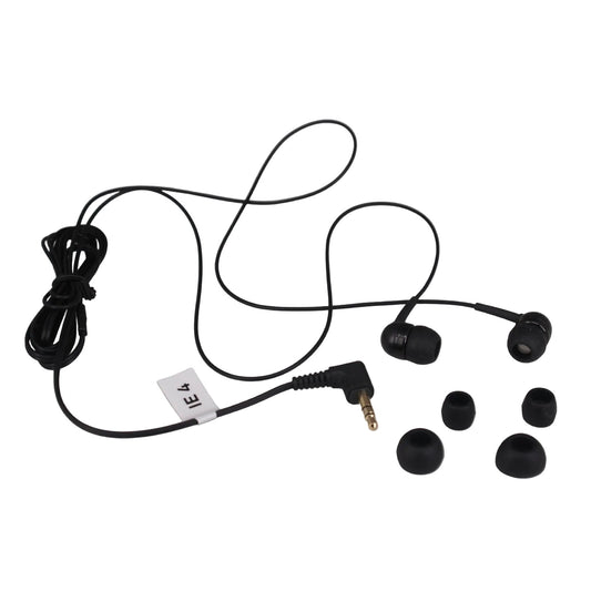 Sennheiser black IE4 In-Ear Monitors with a right angle mini jack and assorted size  spare tips on a white background - part number 500432