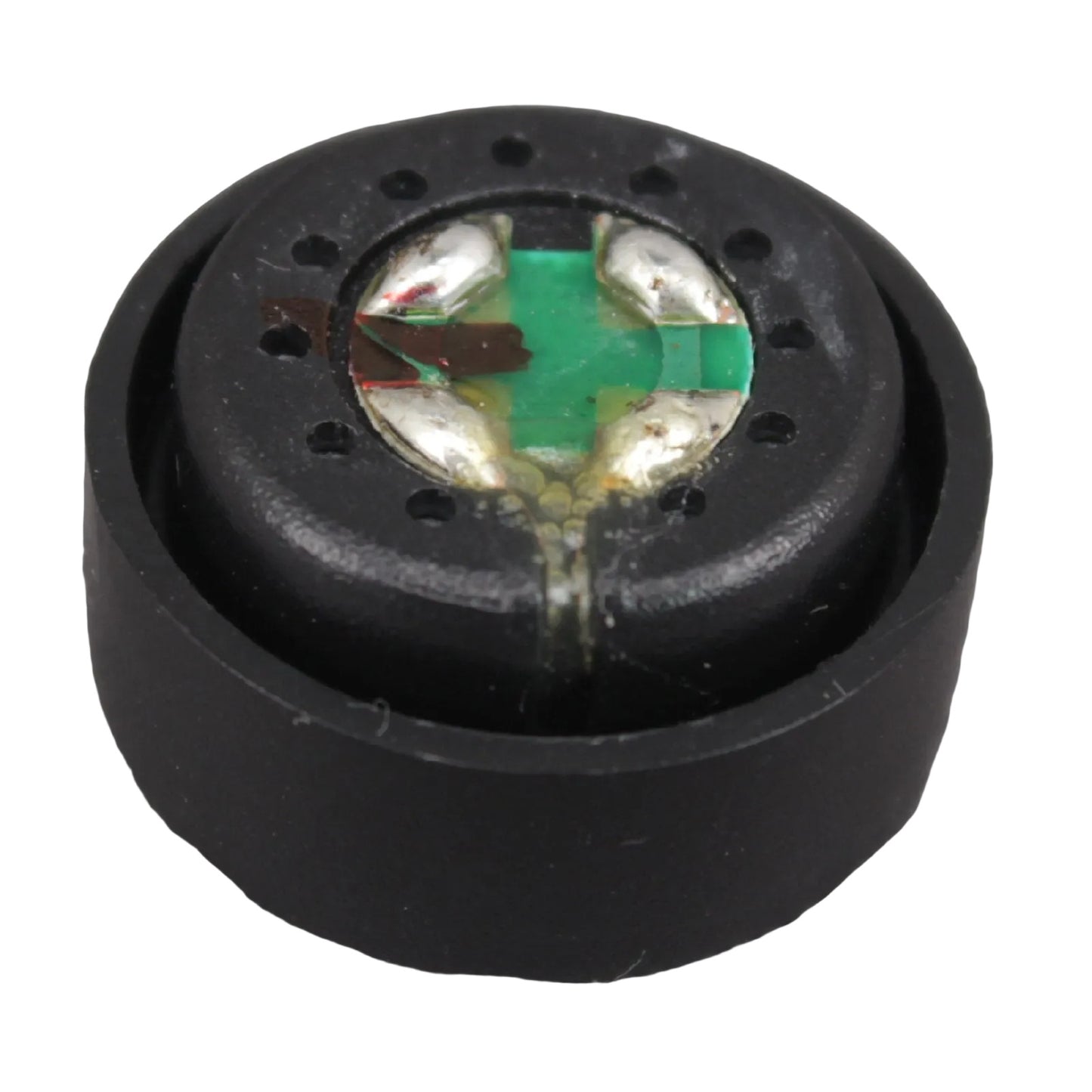 Swatcom black round mic capsule showing connection panel on reverse side  for a Broadcast camera headset