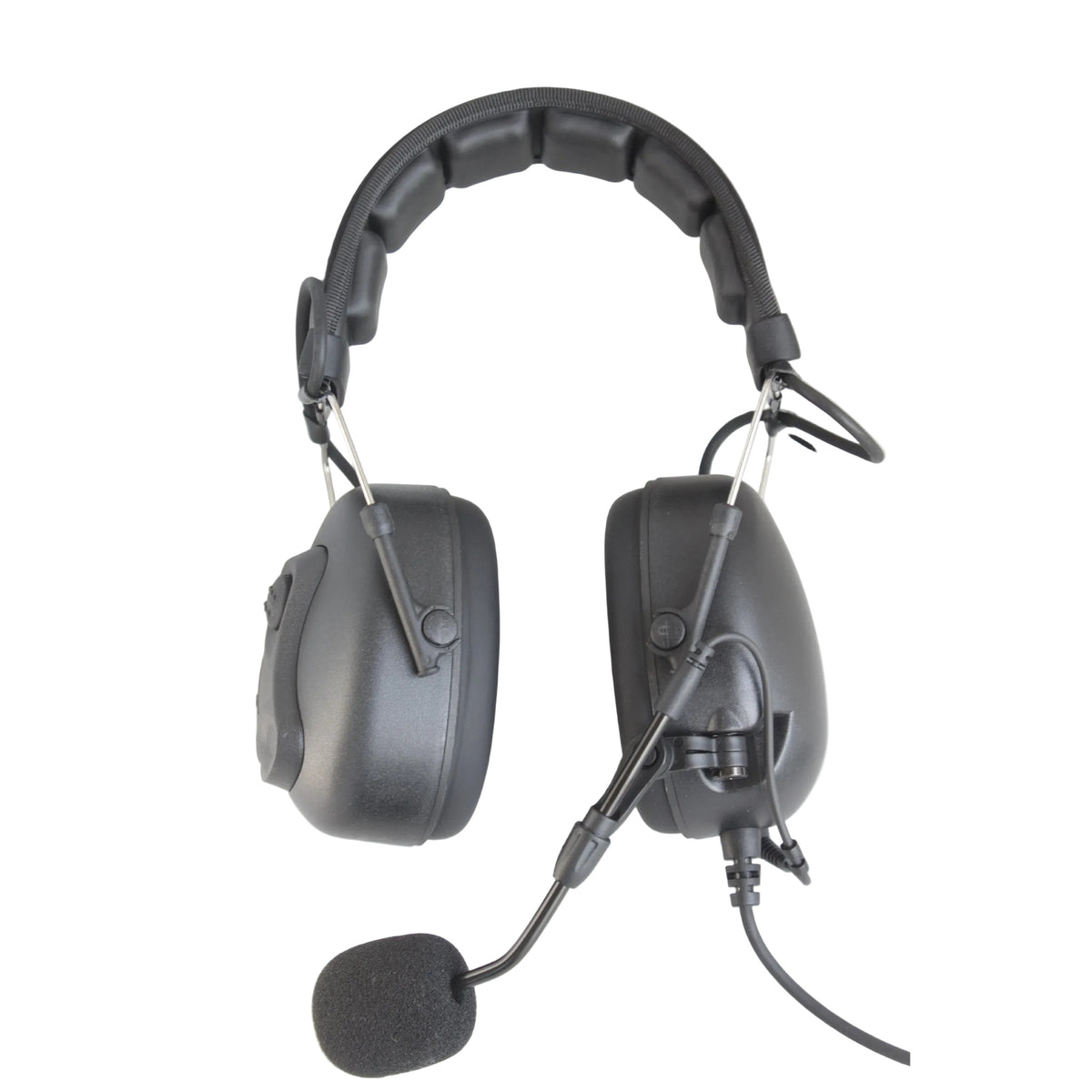 Communications headset with a boom microphone and padded headband and earcups photographed against a white corner background.